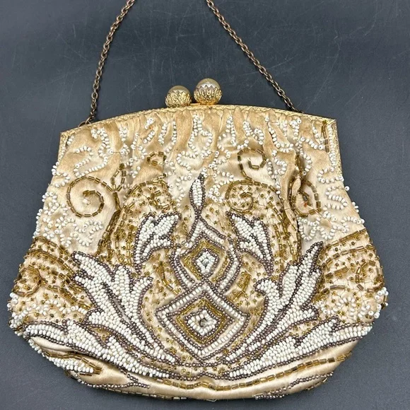 Vintage Gold Beaded purse pearl snap closure France - Picture 4 of 8